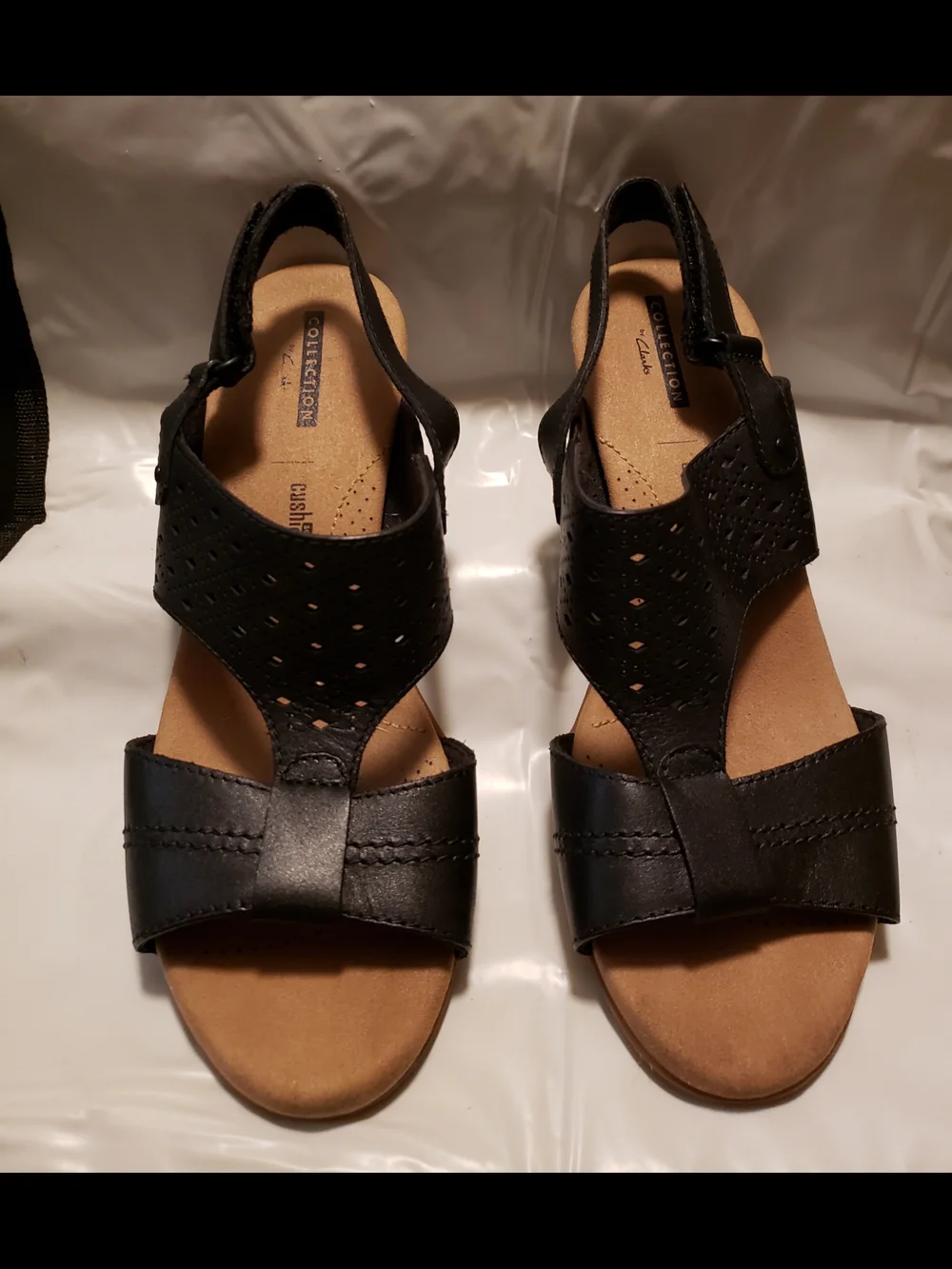 Clarks Black Perforated Leather Slingback Sandal with Low Block Heel